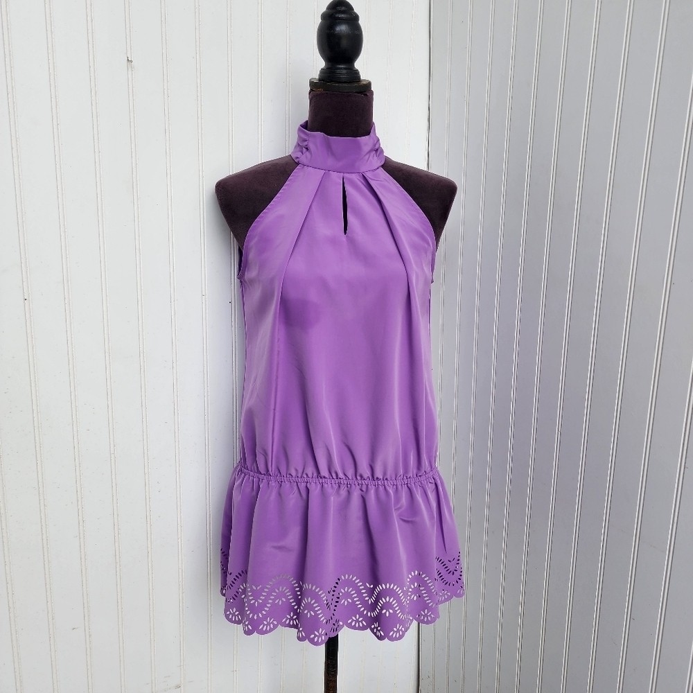 Nue Options Purple Ruffled Blouse With Peplum Style